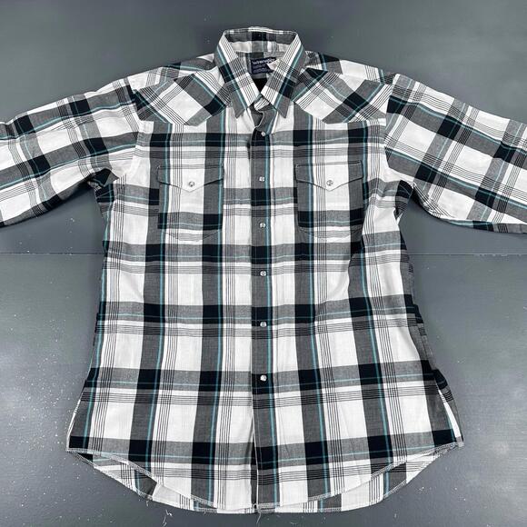 VTG Wrangler Shirt Men Large White Black Turquoise Plaid Pearl Snap USA Made 90s - Picture 3 of 8